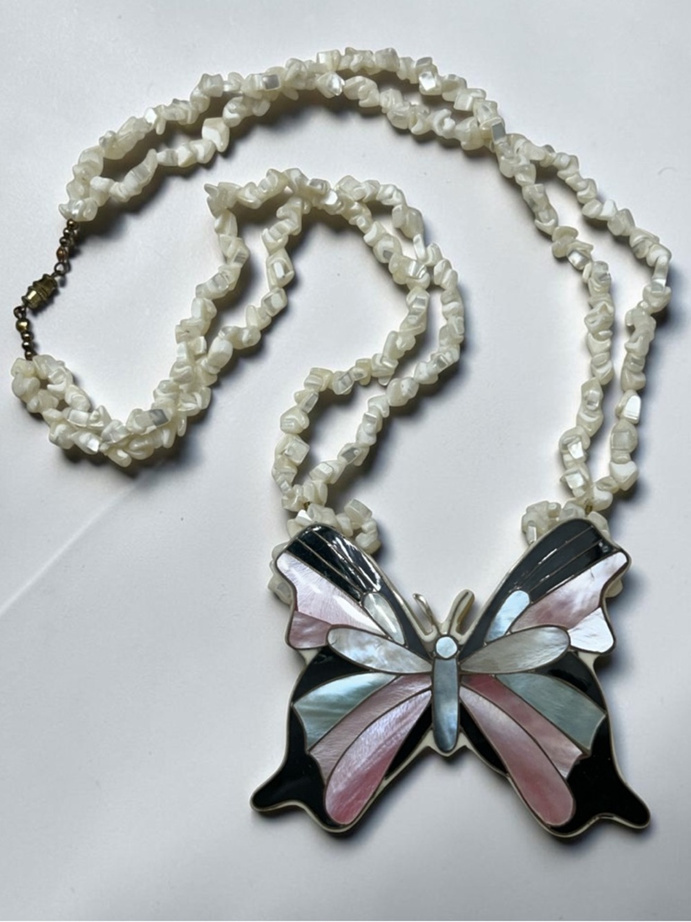 Vintage Butterfly Shell Pendant Statement Necklace